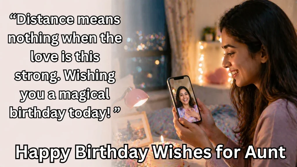 Woman video calling aunt on birthday with cake and lights