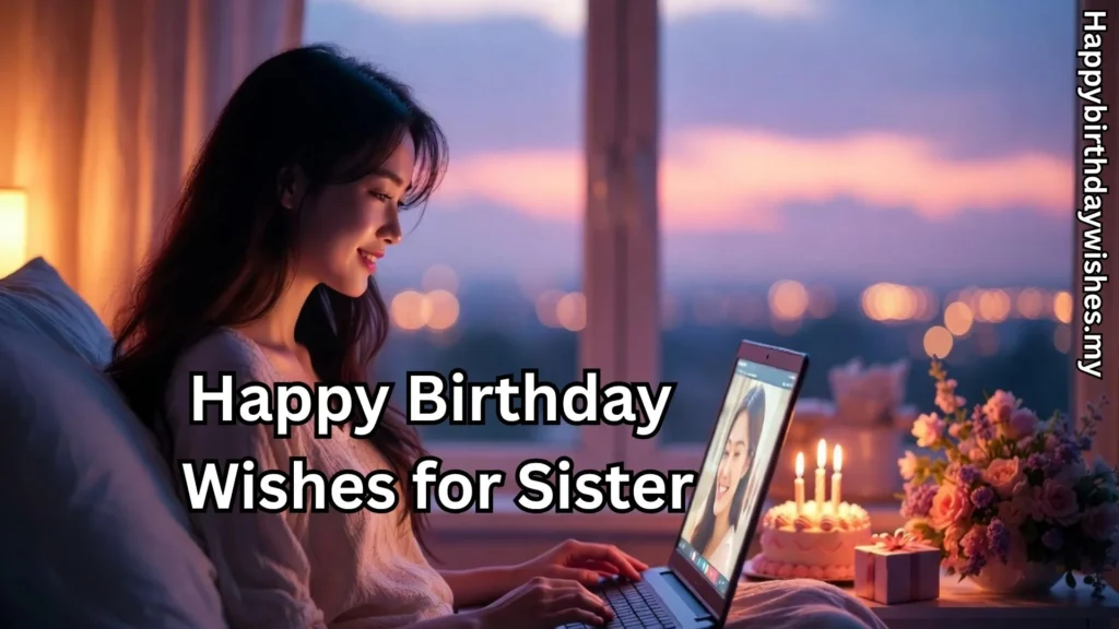 Woman video calling sister on birthday with cake and candles