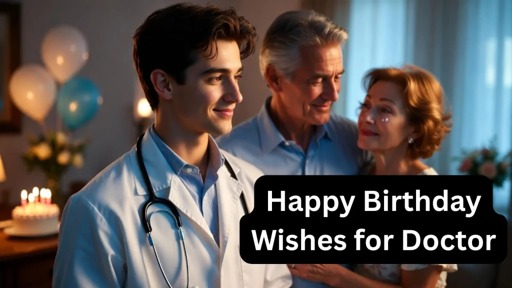 Young doctor with family and happy birthday wishes for doctor text