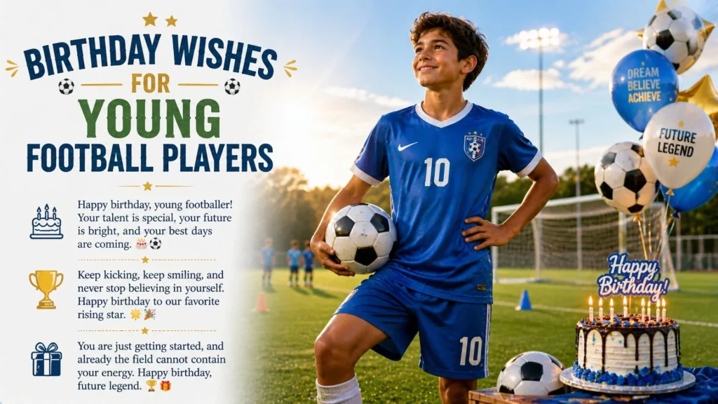 Birthday wishes for young football player with cake and ball