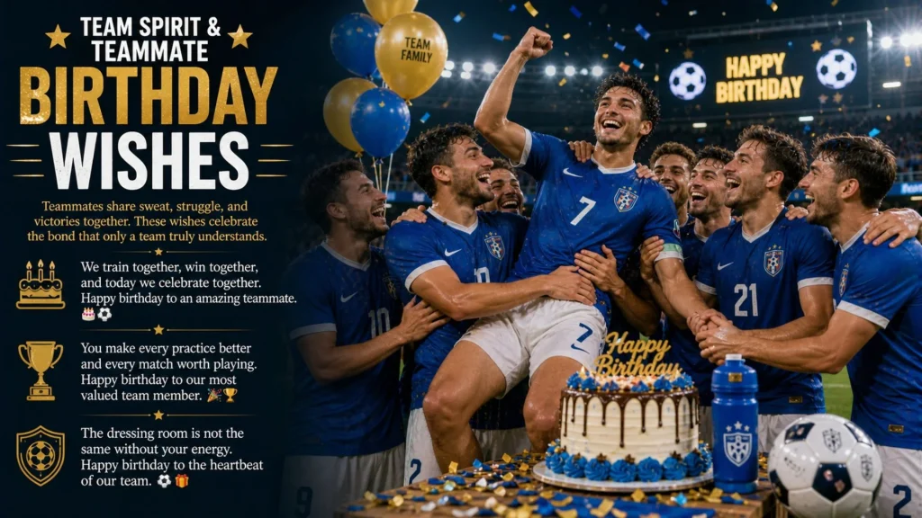 Team celebrating football teammate birthday on field