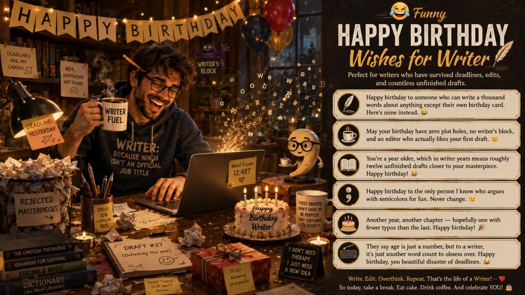 Funny Happy Birthday Wishes for Writer with humorous writing themev