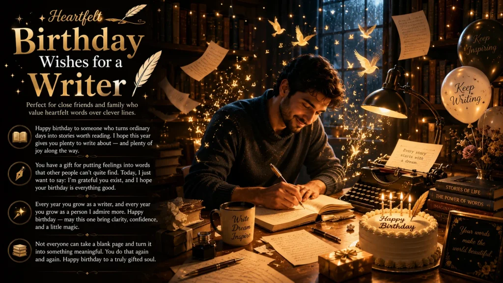 Heartfelt Happy Birthday Wishes for Writer in a cozy library setting