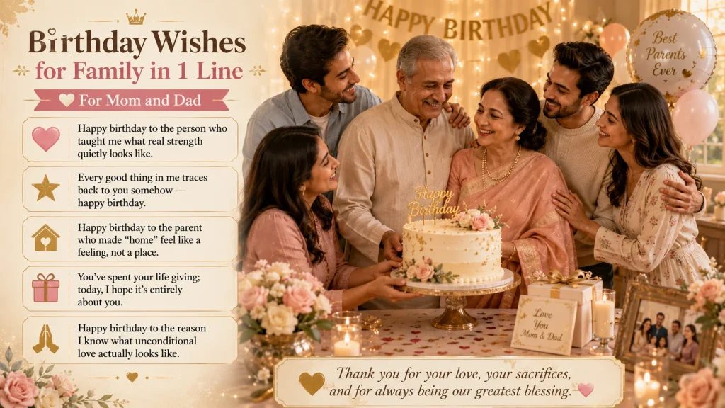 One-Line Birthday Wishes for Mom and Dad with Family Celebration