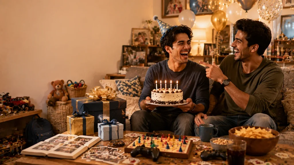 Friends laughing together at a birthday party with cake and gifts