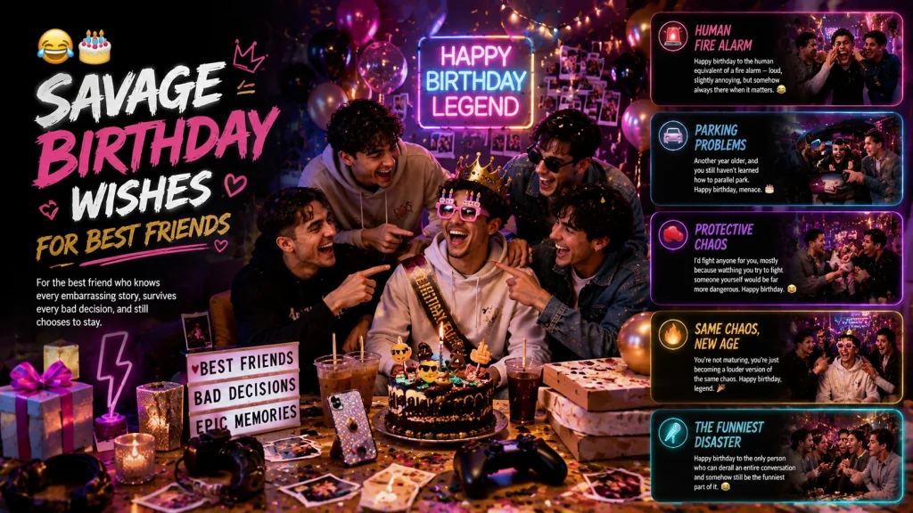 Savage birthday wishes poster for best friends with party scene